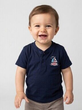 Mick Mack Baby Boys Navy Blue Short Sleeve Sailboat Graphic Shirt Size 12M